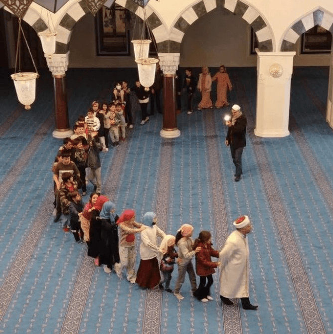 Students gathered inside the mosque